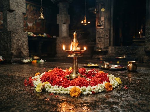 Sacred brass Nilavilakku lamp with red chethi flowers