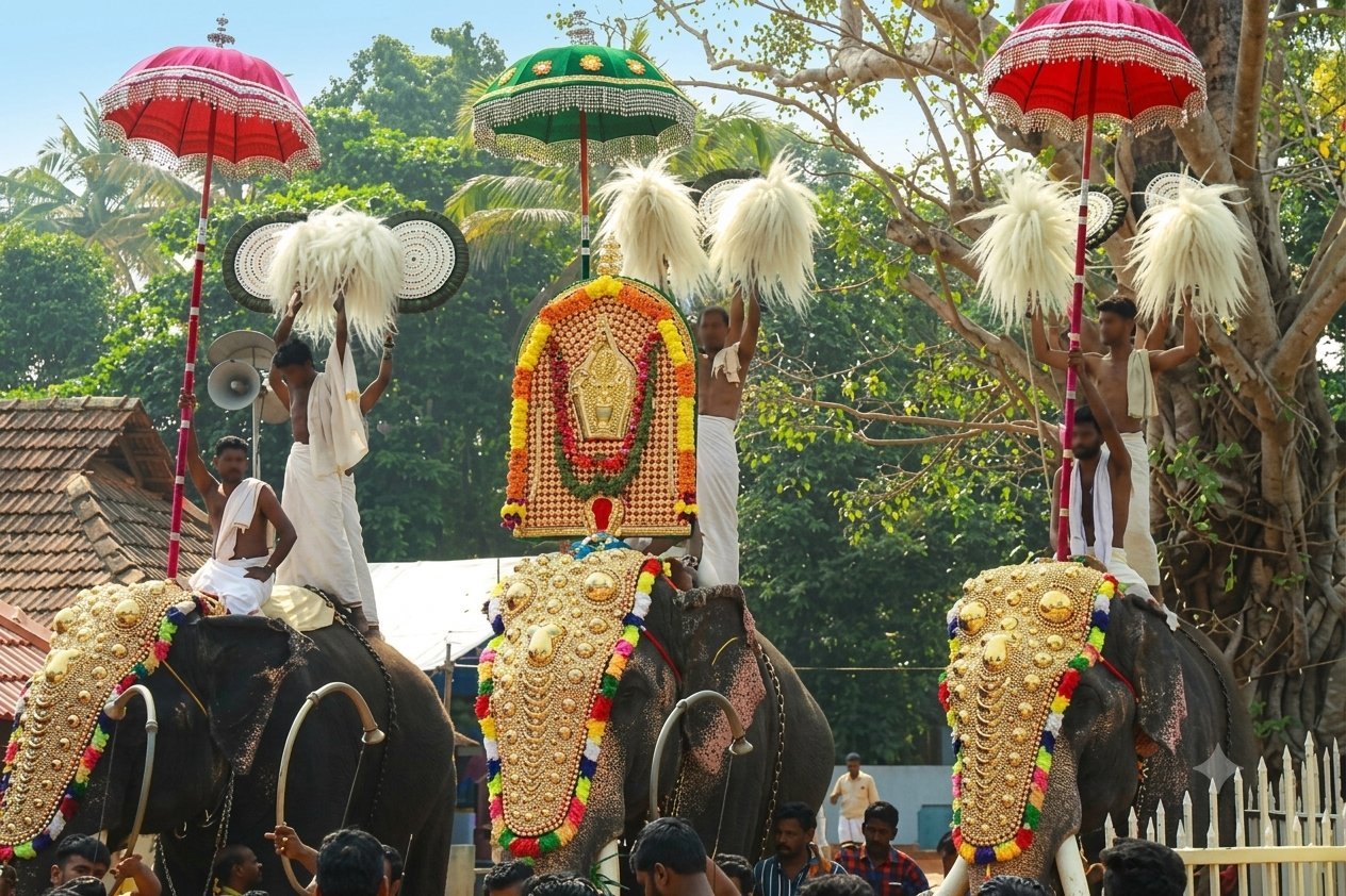 Caparisoned elephants with nettipattam carrying the thidambu during the temple Utsavam procession