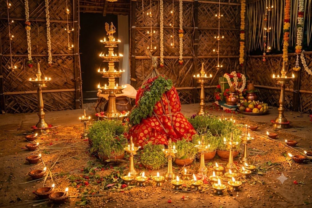 Naveekarana Kalasam ritual arrangement with the silk-wrapped kalasam vessel, mango leaves, mulappari pots and rows of lit deepams