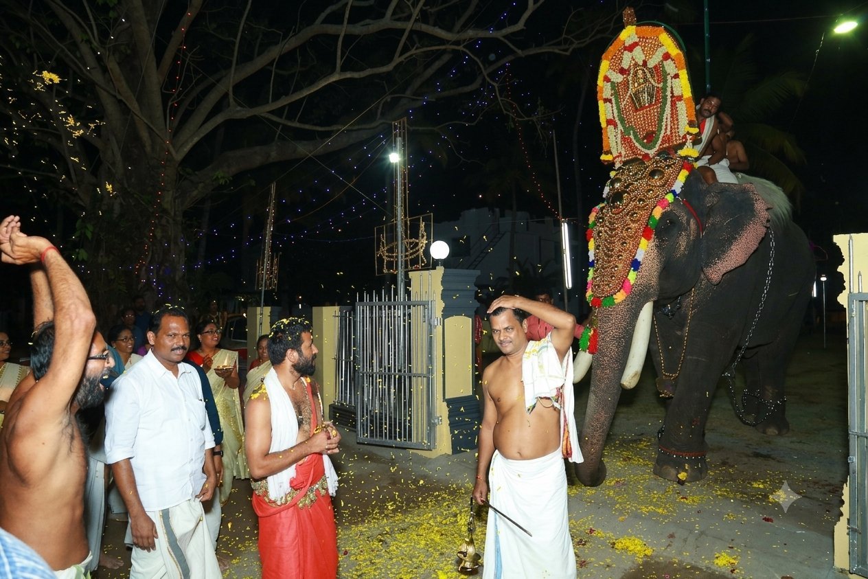 Thalappoli Vilakkinezhunnullippu - caparisoned elephant with nettipattam and thidambu at the temple gate, priests and devotees showering flowers